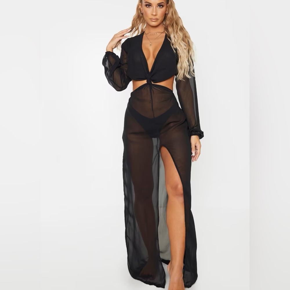 PLT Black Cut Out Knot Waist Beach Dress